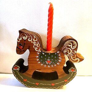 Hand Painted Christmas Rocking Horse Folk Art Wooden Vintage Signed Holiday 80s